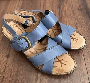 BORN Mirabella Slate Blue Leather Strappy Comfort Wedge Slingback Sandals Sz 11M